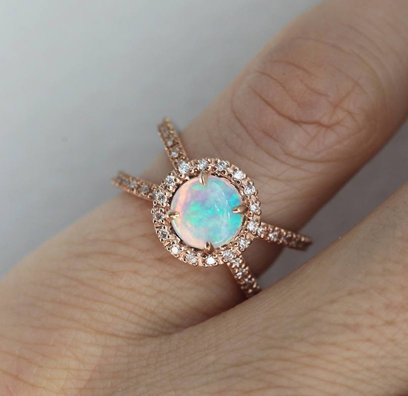 Round Rainbow Opal Halo Ring with a Double Diamond Band
