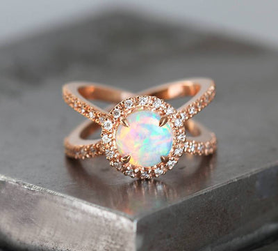 Round Rainbow Opal Halo Ring with a Double Diamond Band