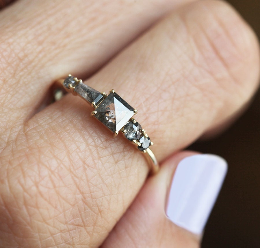 Princess-Cut Salt & Pepper Diamond Ring with Side Round and Baguette Salt & Pepper Diamonds