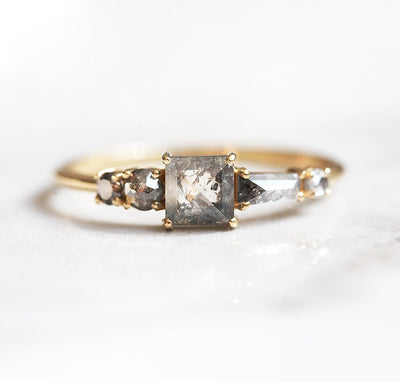 Princess-Cut Salt & Pepper Diamond Ring with Side Round and Baguette Salt & Pepper Diamonds