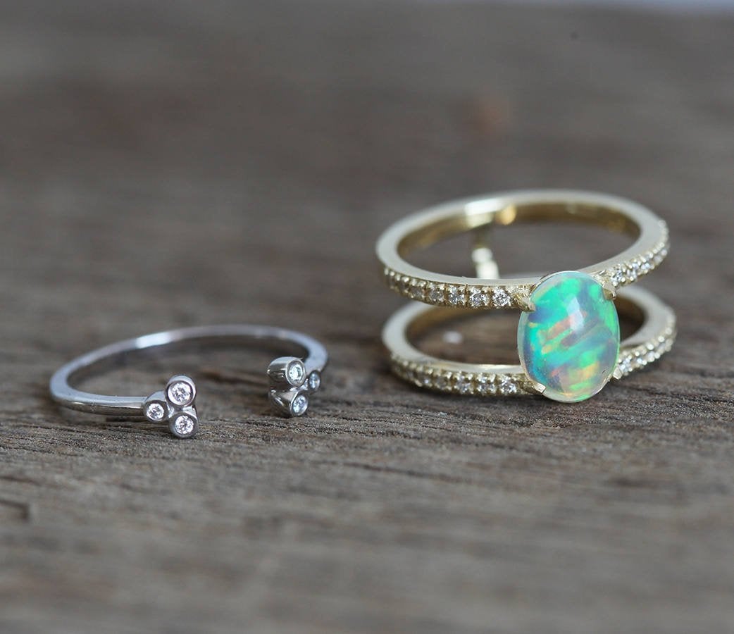 White Oval Opal Ring Set with Pave White Diamonds and Open Band