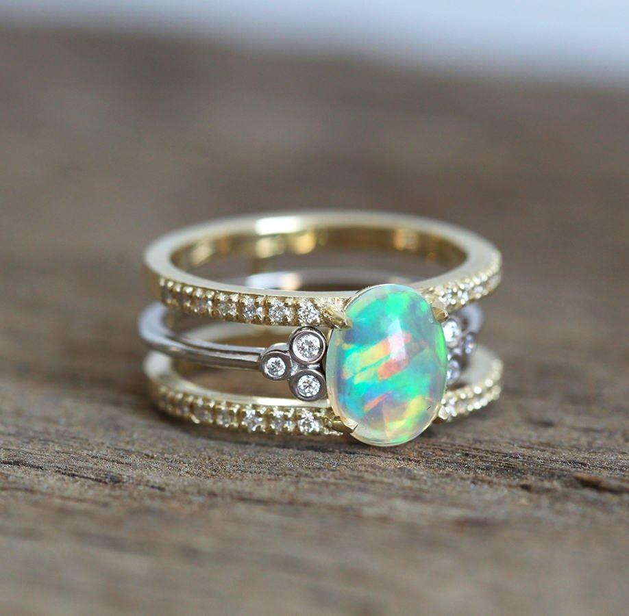 White Oval Opal Ring Set with Pave White Diamonds and Open Band