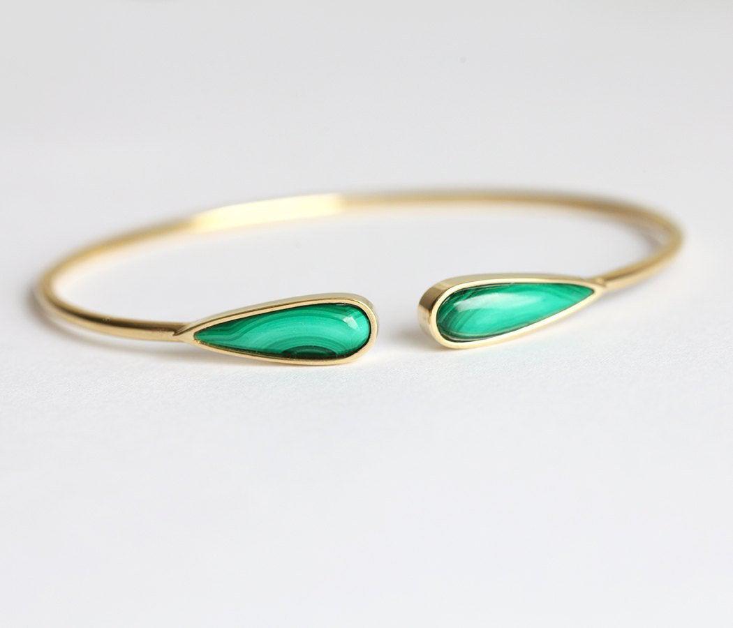 Malachite Cuff Bracelet, 14K Yellow Gold Bracelet – Capucinne