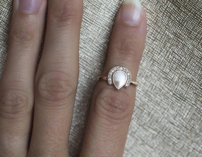 Marceline Pear Shaped Pearl Ring With Diamond Halo-Capucinne