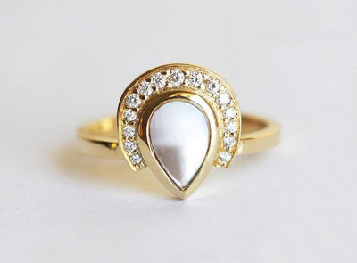 Marceline Pear Shaped Pearl Ring With Diamond Halo-Capucinne