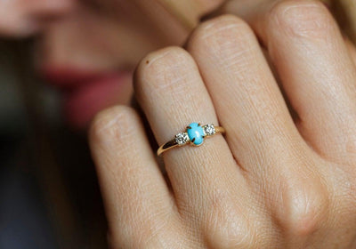 3 Stone Oval Genuine Turquoise Ring with 2 Side White Diamonds