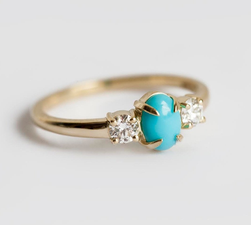 3 Stone Oval Genuine Turquoise Ring with 2 Side White Diamonds