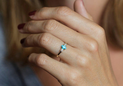 3 Stone Oval Genuine Turquoise Ring with 2 Side White Diamonds