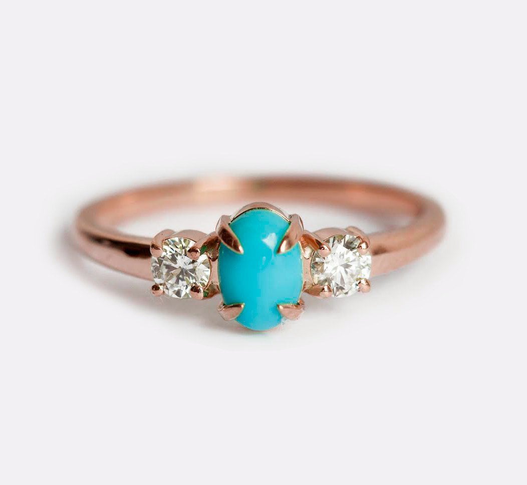 3 Stone Oval Genuine Turquoise Ring with 2 Side White Diamonds