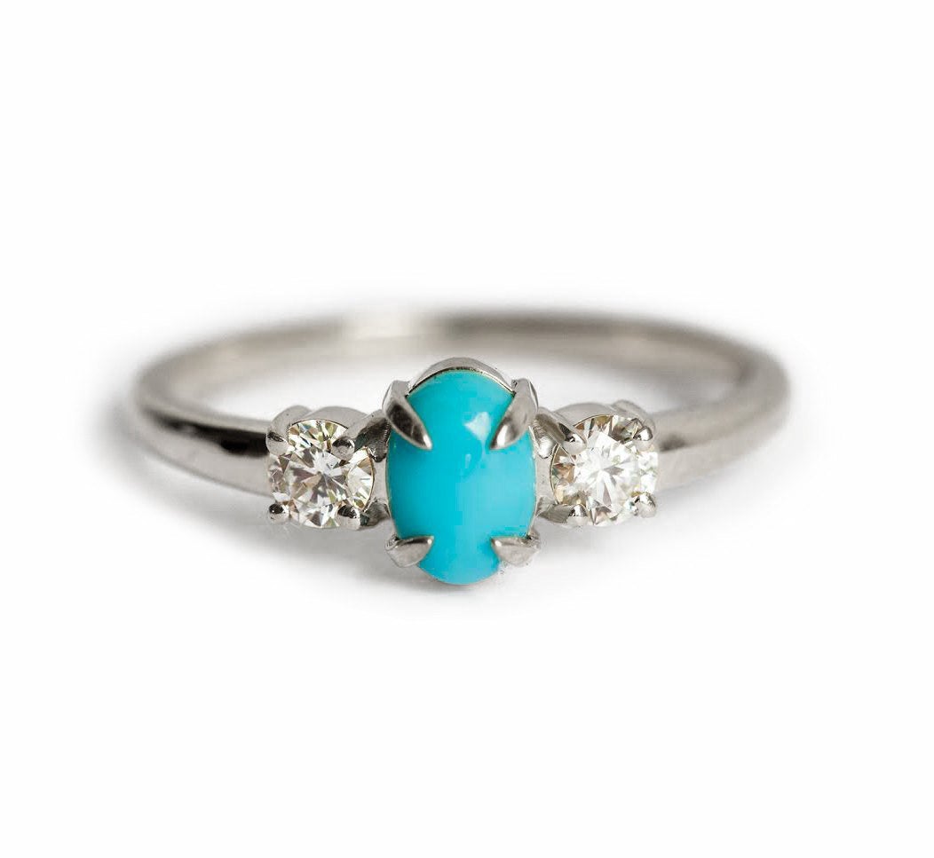 3 Stone Oval Genuine Turquoise Ring with 2 Side White Diamonds