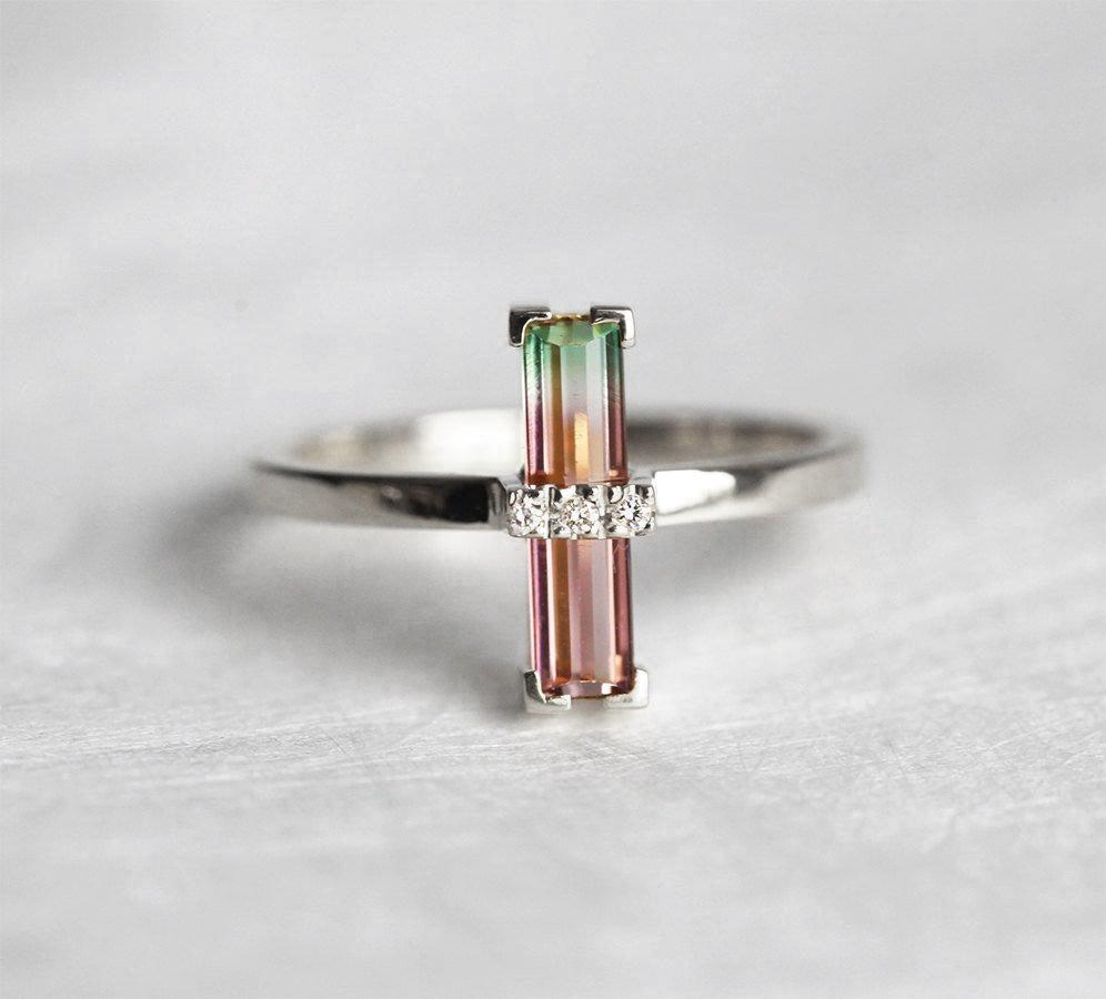 Watermelon Baguette Tourmaline Ring with 3 White Diamonds