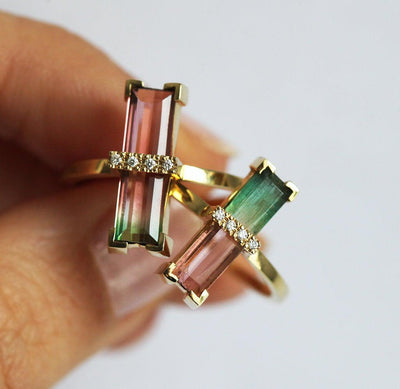 Watermelon Baguette Tourmaline Rings with 3 and 4 White Diamonds