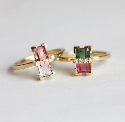 Watermelon Baguette Tourmaline Rings with 3 and 4 White Diamonds
