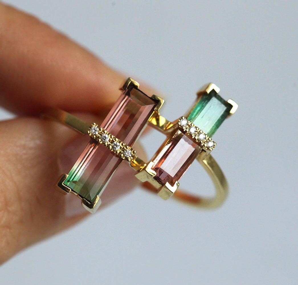 Watermelon Baguette Tourmaline Ring with 4 White Diamonds