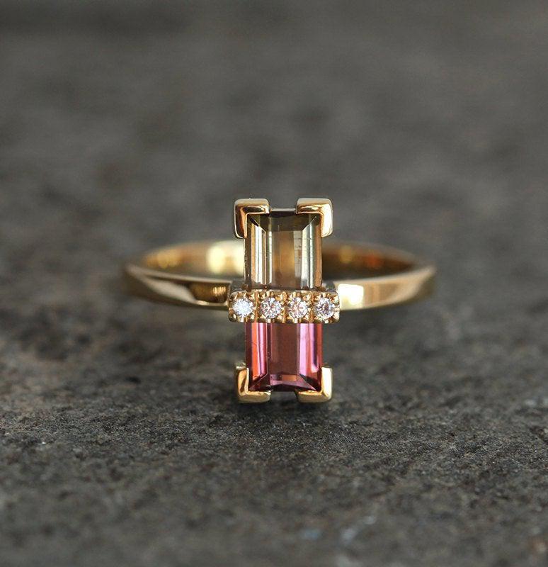 Watermelon Baguette Tourmaline Ring with 4 White Diamonds