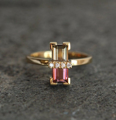 Watermelon Baguette Tourmaline Ring with 4 White Diamonds