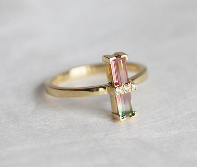 Watermelon Baguette Tourmaline Ring with 3 White Diamonds