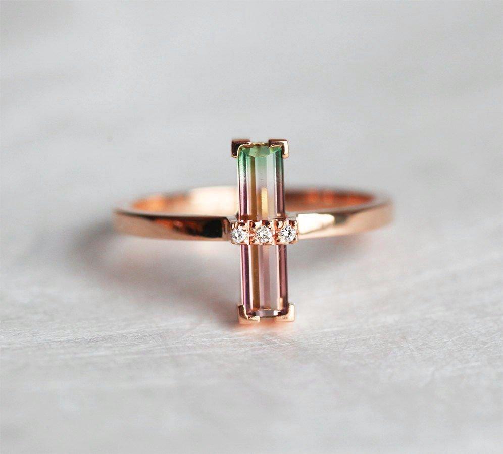 Watermelon Baguette Tourmaline Ring with 3 White Diamonds