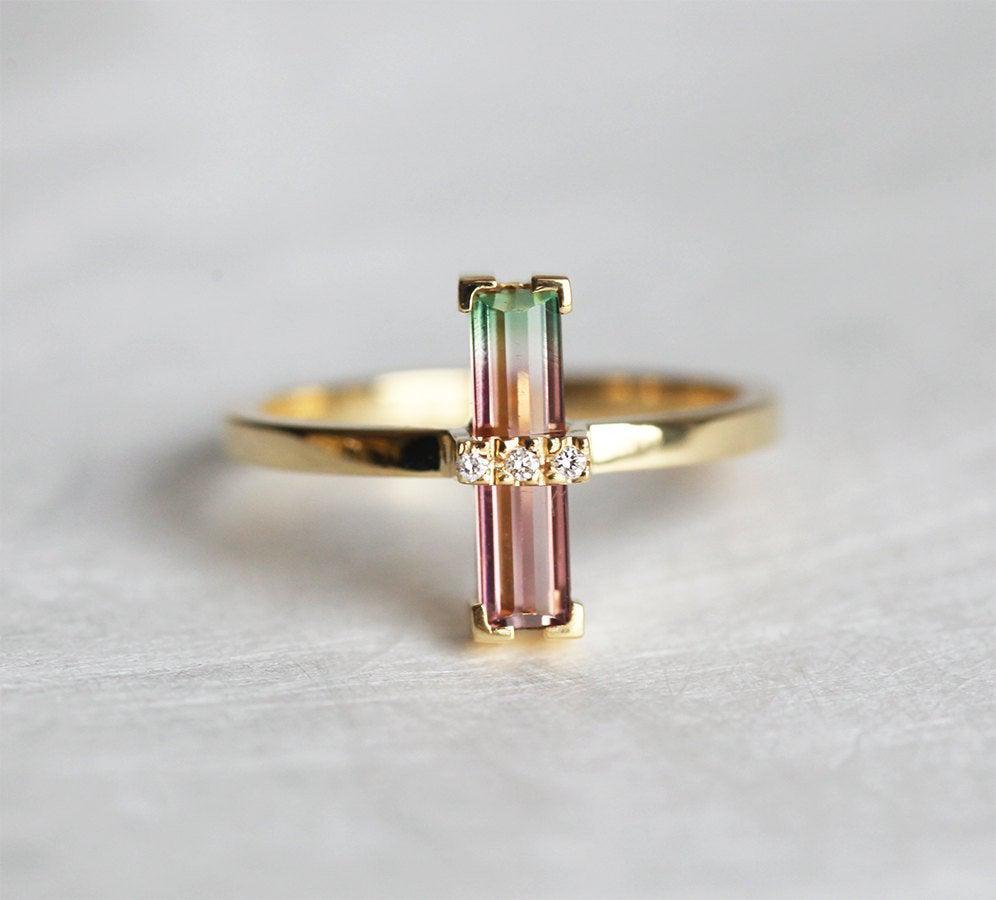 Watermelon Baguette Tourmaline Ring with 3 White Diamonds