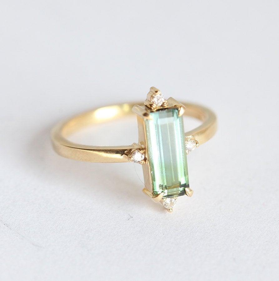 Green Baguette Tourmaline Art Deco Ring with White Diamonds
