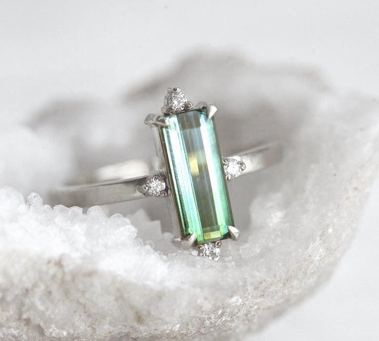 Green Baguette Tourmaline Art Deco, Platinum Ring with White Diamonds