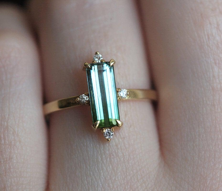 Green Baguette Tourmaline Art Deco Ring with White Diamonds