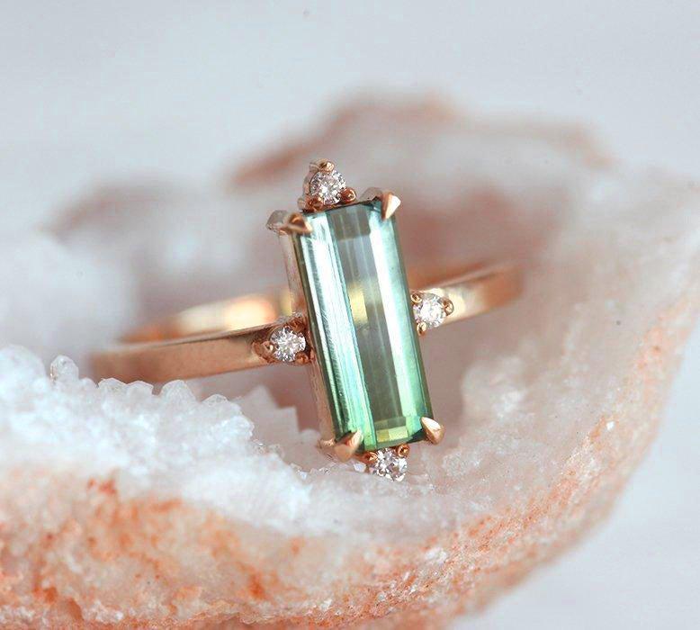 Green Baguette Tourmaline Art Deco, Rose Gold Ring with White Diamonds