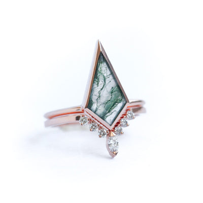 Kite Moss Agate, Rose Gold Ring Set with Side Marquise-Cut, Round White Diamonds