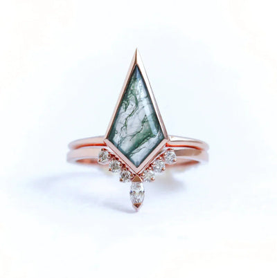 Kite Moss Agate, Rose Gold Ring Set with Side Marquise-Cut, Round White Diamonds