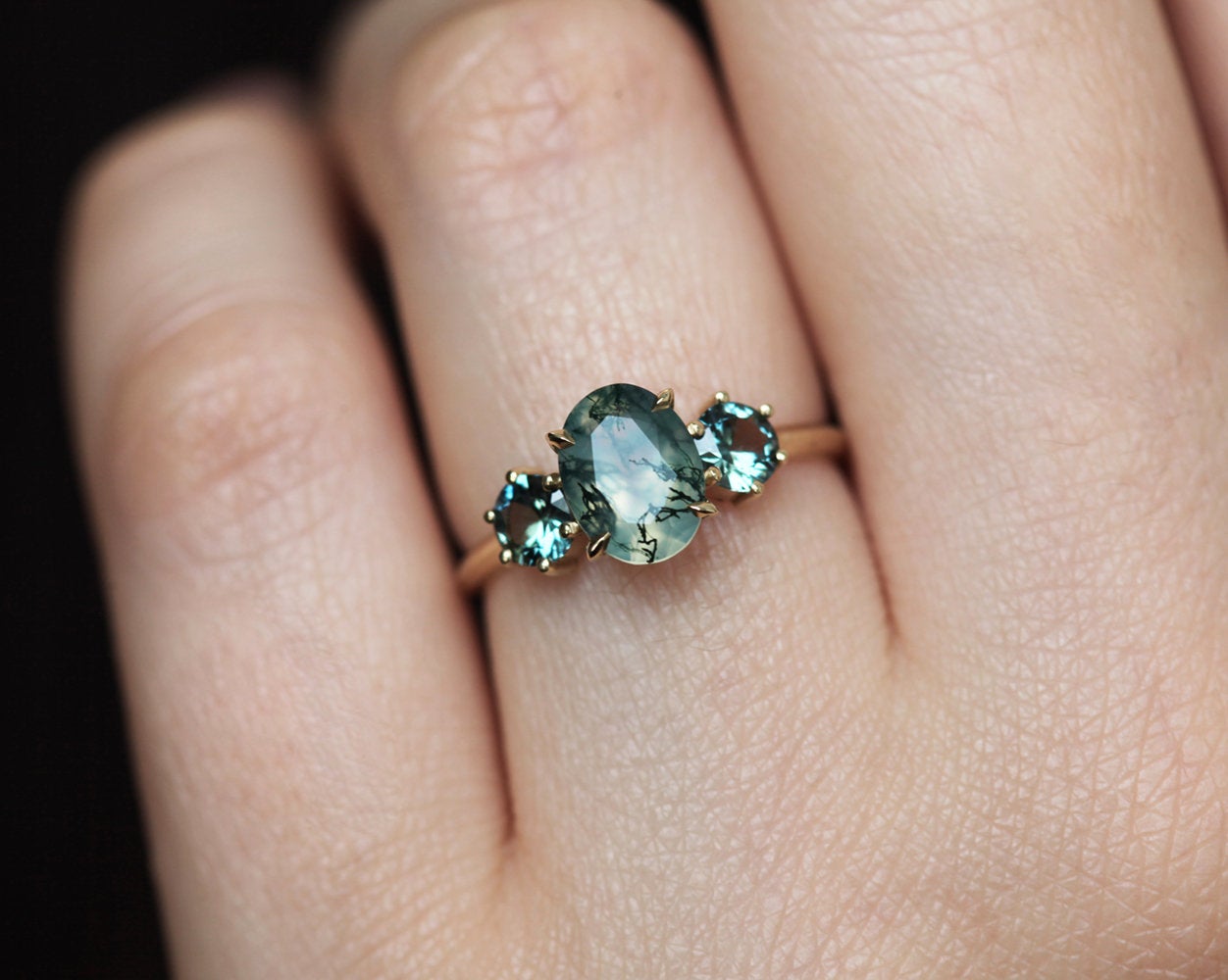 Oval Moss Agate Ring with 2 Side Round Tourmaline Stones