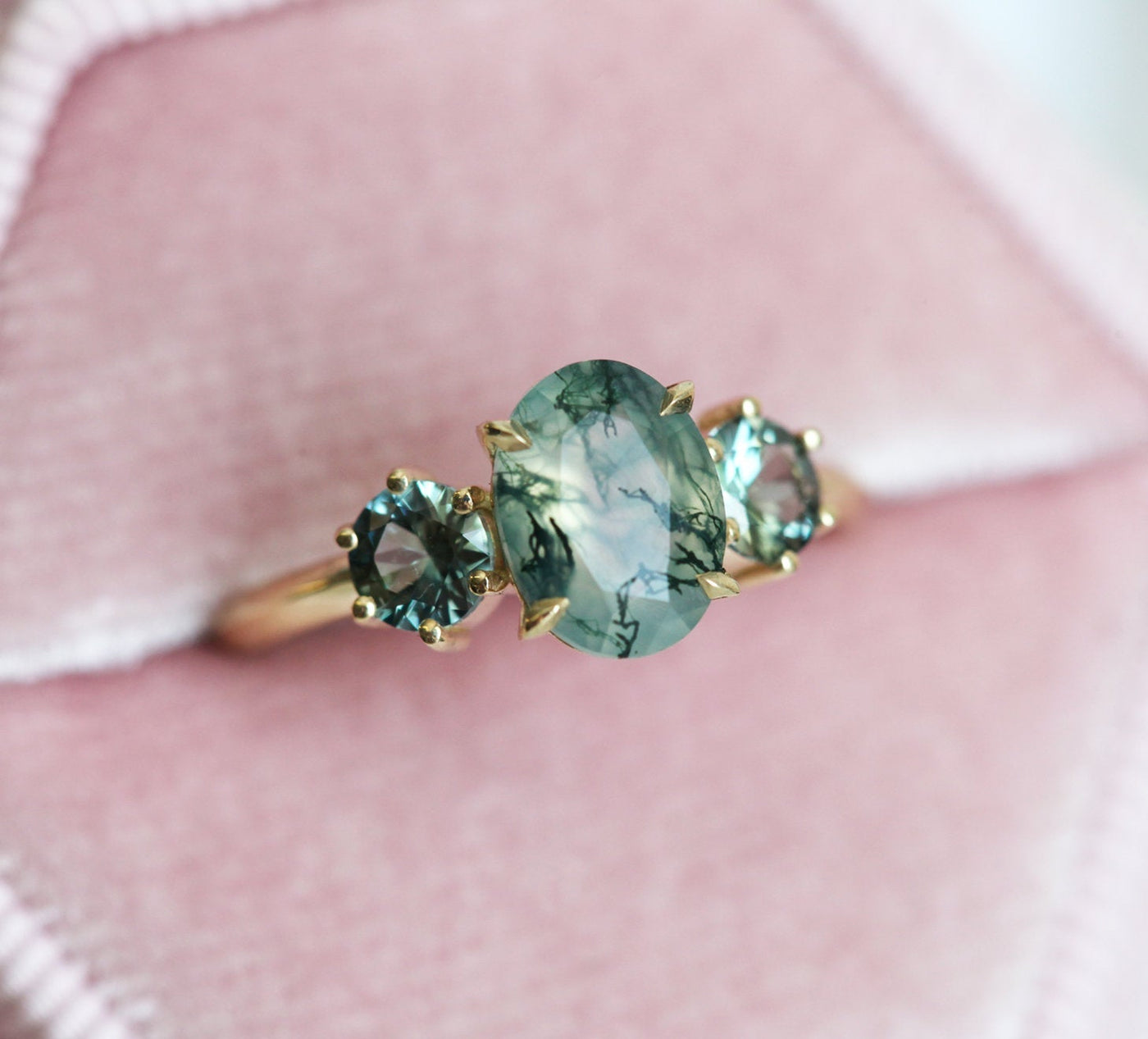Oval Moss Agate Ring with 2 Side Round Tourmaline Stones