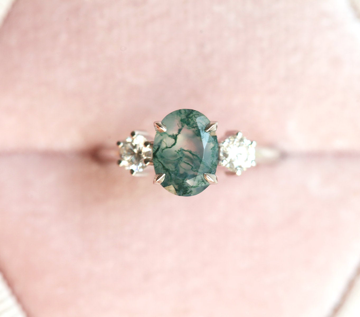 Oval Moss Agate Ring with 2 Side Round White Diamonds