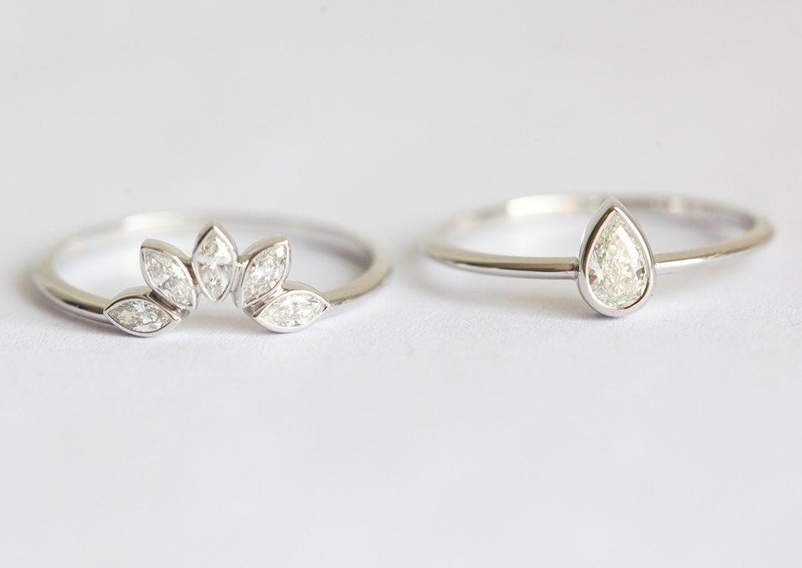 Marquise Diamond Crown & Solitaire Pear Diamond Ring Set-Capucinne