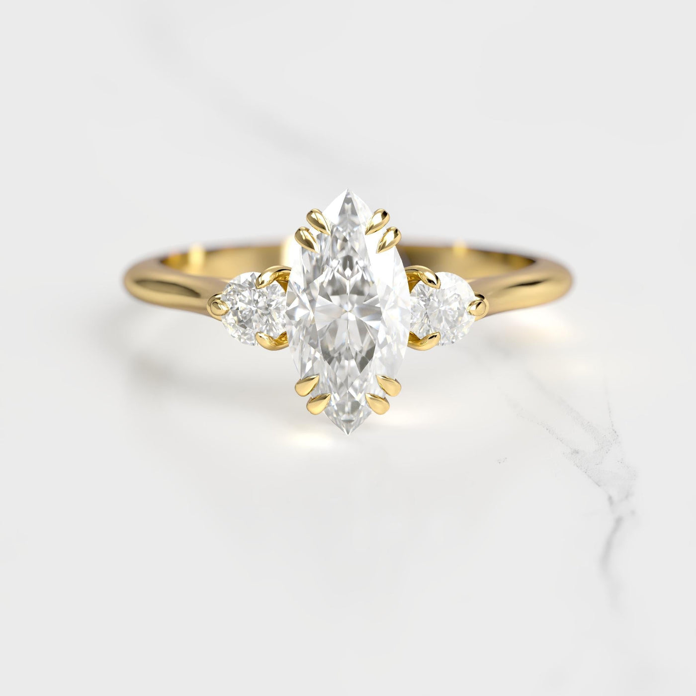 Marquise-cut white natural diamond ring with side diamonds