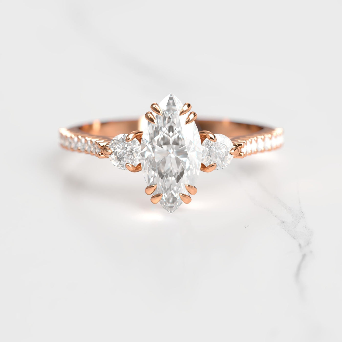 Marquise-cut half pave diamond ring with accent stones