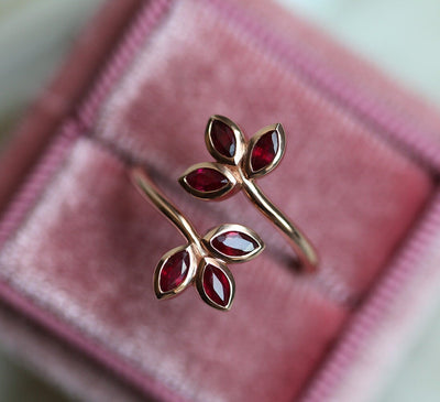 Marquise-cut red ruby open floral ring