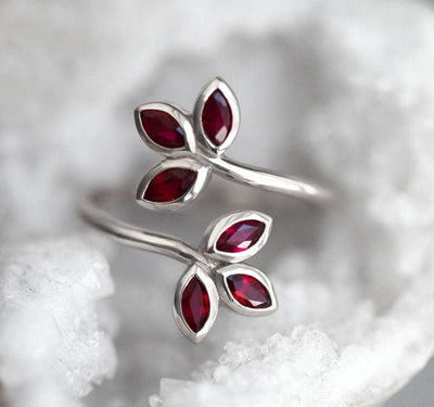 Marquise-cut red ruby open floral ring
