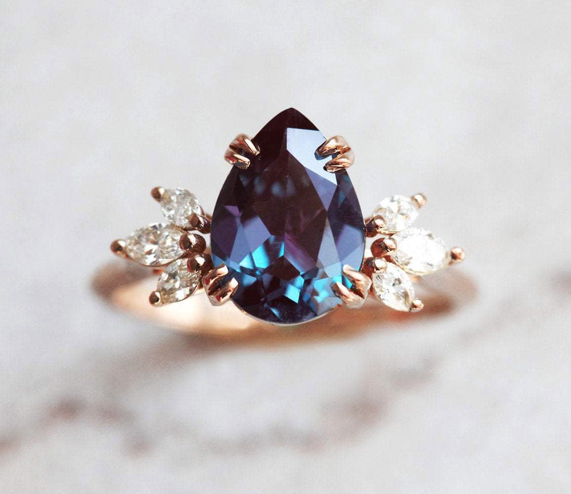Teal Pear Lab Alexandrite, Rose Gold Ring with 6 Side Marquise-Cut White Diamonds