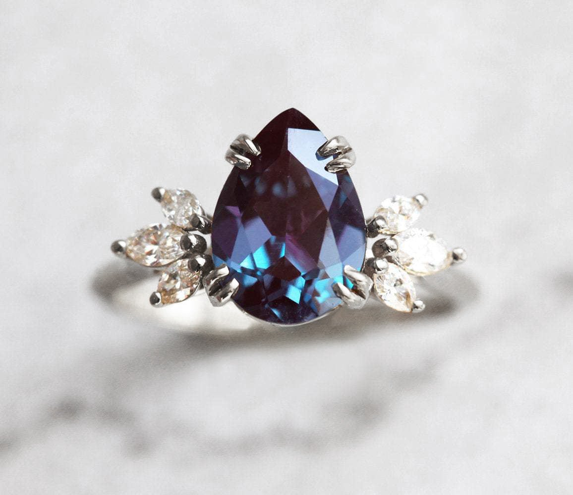 Teal Pear Lab Alexandrite, White Gold Ring with 6 Side Marquise-Cut White Diamonds