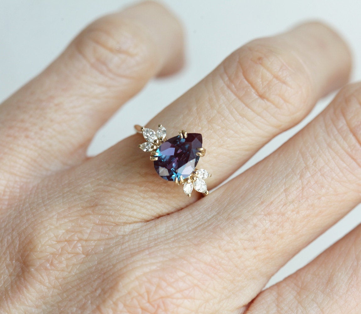 Teal Pear Lab Alexandrite Ring with 6 Side Marquise-Cut White Diamonds