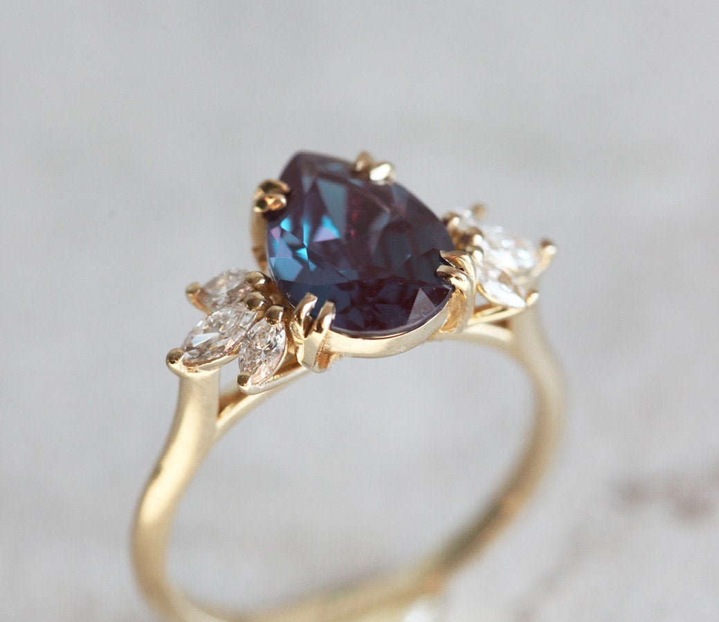 Teal Pear Lab Alexandrite Ring with 6 Side Marquise-Cut White Diamonds