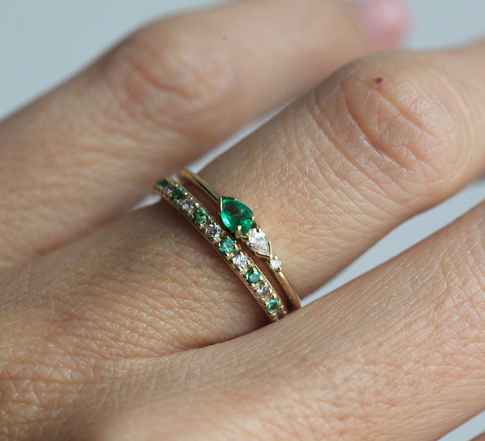 Pear Emerald Diamond Ring with Eternity Diamond and Emerald Band
