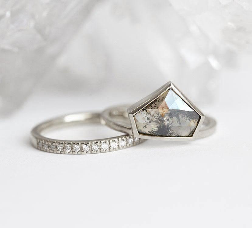 Unique Shape Salt & Pepper Diamond, Platinum Ring with a Pave Diamonds Ring