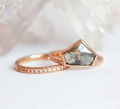 Unique Shape Salt & Pepper Diamond, Rose Gold Ring with a Pave Diamonds Ring