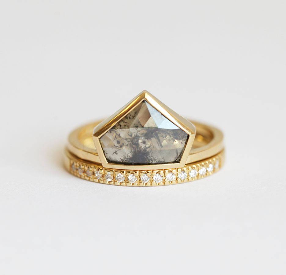 Unique Shape Salt & Pepper Diamond, Yellow Gold Ring with a Pave Diamonds Ring