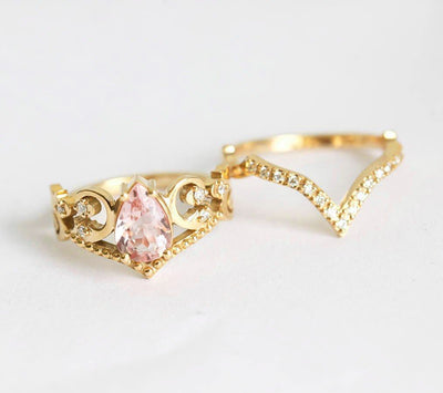 Pear Morganite Ring with Diamond Band Yellow Gold