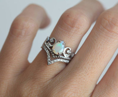 White Pear Opal Vintage Ring Resembling A Diadem with Round White Diamonds on the Side