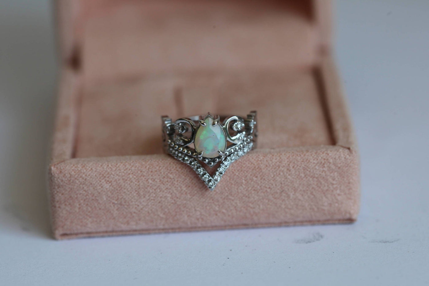White Pear Opal Vintage Ring Resembling A Diadem with Round White Diamonds on the Side
