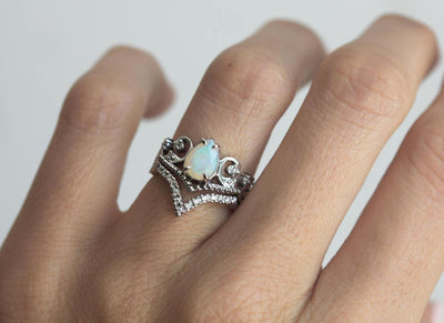 White Pear Opal Vintage Ring Set Resembling A Diadem with Round White Diamonds on the Side