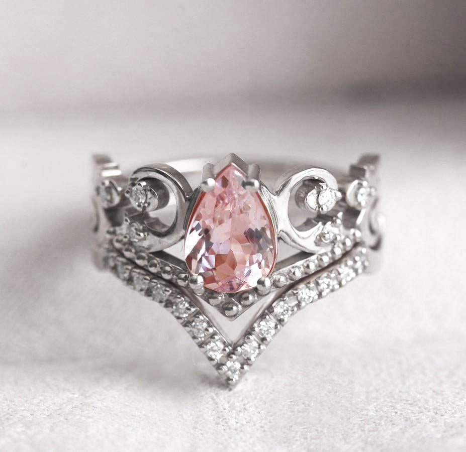 White Pear Morganite Vintage Ring Set Resembling A Diadem with Round White Diamonds on the Side